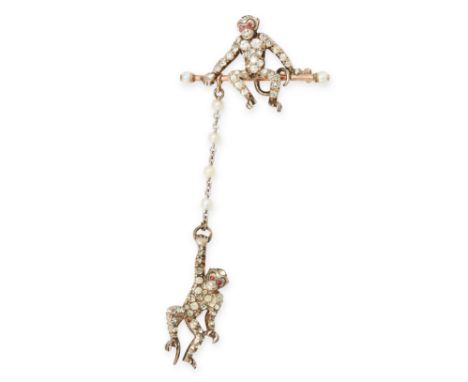 ANTIQUE PEARL AND PASTE STONE BROOCH, CIRCA 1900 mounted in silver and gold, designed as a monkey sat on a bar suspending ano