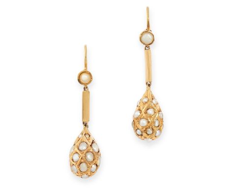 PAIR OF ANTIQUE PEARL DROP EARRINGS in yellow gold, comprising of a seed pearl above a rectangular baton, suspending a pear s