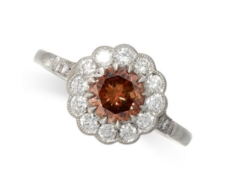 BROWN DIAMOND CLUSTER RING comprising of a round cut brown diamond of 1.00 carats in a border of round cut white diamonds, un