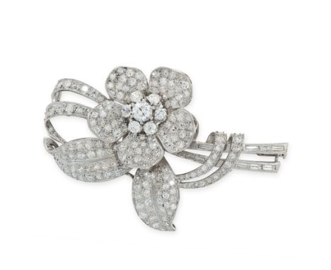 VINTAGE DIAMOND FLOWER SPRAY BROOCH designed as a flower wrapped in a ribbon, jewelled allover with round and single cut diam
