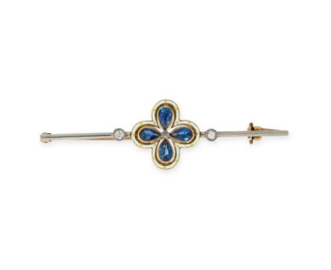 ANTIQUE SAPPHIRE, DIAMOND AND ENAMEL BAR BROOCH, EARLY 20TH CENTURY set with a central clover motif of pear cut sapphires, ro