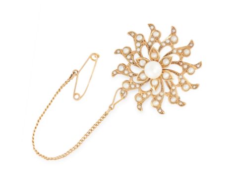 ANTIQUE VICTORIAN PEARL STAR / SUN BROOCH / PENDANT in 15ct yellow gold, designed as a star with undulating rays, jewelled wi