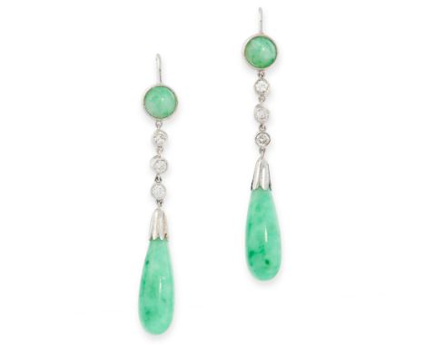 PAIR OF JADEITE JADE AND DIAMOND EARRINGS each comprising of a cabochon jadeite jade above three round cut diamonds, suspendi