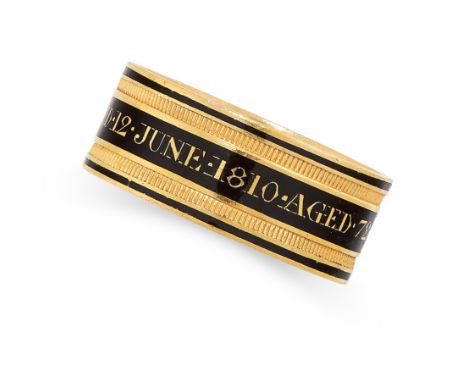 ANTIQUE ENAMEL MOURNING BAND RING, 1810 in 18ct yellow gold, the band decorated all around with black enamel, over raised let