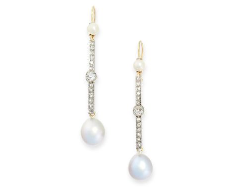 PAIR OF PEARL AND DIAMOND EARRINGS, EARLY 20TH CENTURY each is set with a pearl suspending a bar jewelled with rose cut diamo