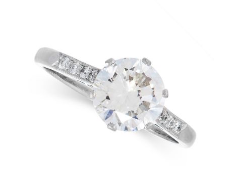 DIAMOND SOLITAIRE RING comprising of a round cut diamond of 1.76 carats with further round cut diamonds to the shank, unmarke