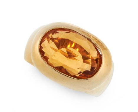 VINTAGE CITRINE DRESS RING in 18ct yellow gold, the band set with an oval cut citrine of 8.06 carats, stamped 750, size S / 9