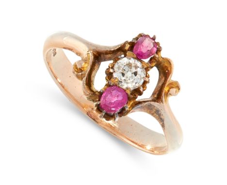 MIXED LOT OF TWO RINGS including an antique ruby and diamond ring, set with an old cut diamond between two cushion cut rubies