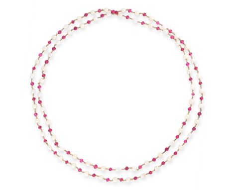 PEARL AND GEMSET BEAD NECKLACE comprising of alternating pearl and red gemstone beads, unmarked, 126.0cm, 44.5g.