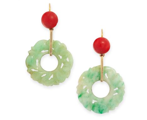 PAIR OF ANTIQUE CORAL AND JADEITE JADE EARRINGS in yellow gold, each set with a cabochon coral suspending a circular carved j