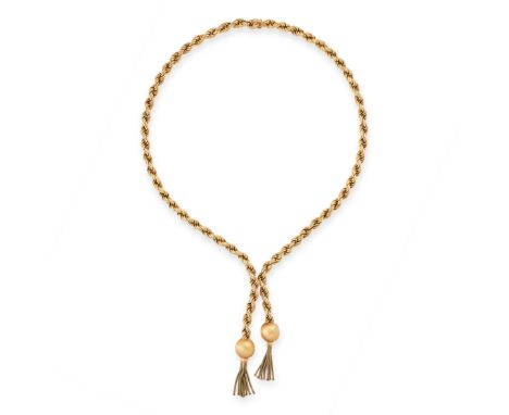 VINTAGE TASSEL NECKLACE formed of a fancy twisted chain suspending to textured gold beads above gold tassels, tests as 18ct g