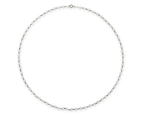 ANTIQUE PEARL AND DIAMOND NECKLACE comprising of a single row of pearls of approximately 3.7-3.5mm, marked indistinctly, 43cm