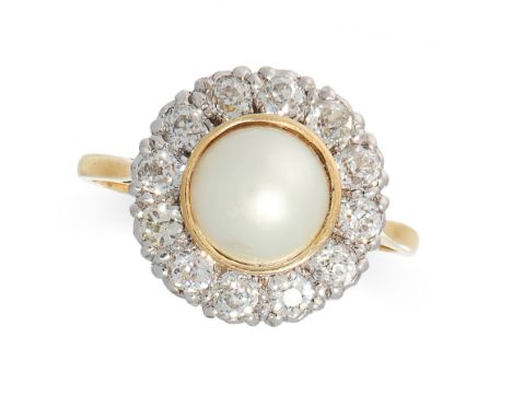 PEARL AND DIAMOND CLUSTER RING comprising of a pearl of 7.6mm in a border of old cut diamonds totalling 0.60 carats, stamped 