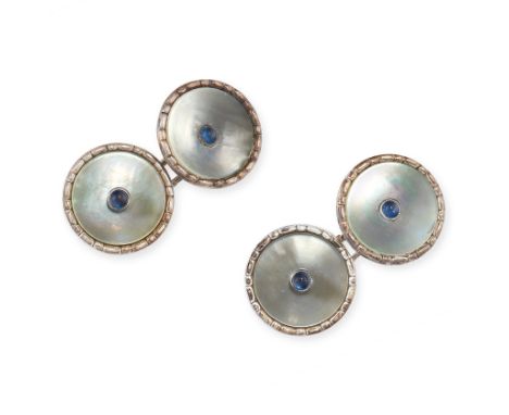 ANTIQUE PAIR OF SAPPHIRE AND MOTHER OF PEARL CUFFLINKS each formed of two circular links set with a cabochon sapphire in a bo