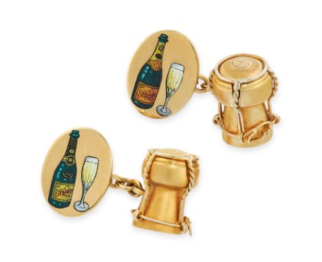 NOVELTY ENAMEL VEUVE CLICQUOT CUFFLINKS, DEAKIN &amp; FRANCIS in 18ct yellow gold, formed of a Veuve Cliquot champagne cork t