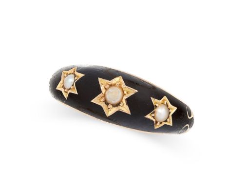 ANTIQUE ENAMEL AND PEARL RING in 15ct yellow gold, decorated with black enamel, set with three pearls in star borders, indist