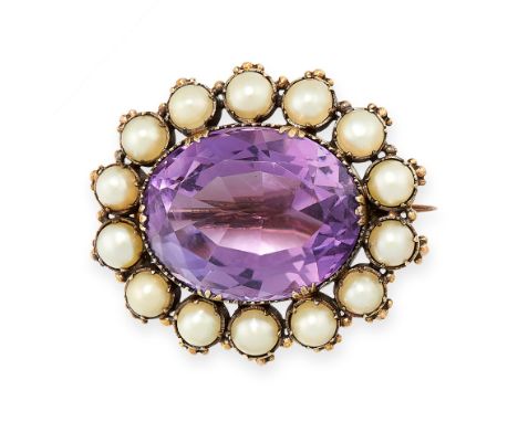 ANTIQUE AMETHYST AND PEARL BROOCH designed as a cluster, set with an oval cut amethyst in a border of seed pearls, unmarked, 