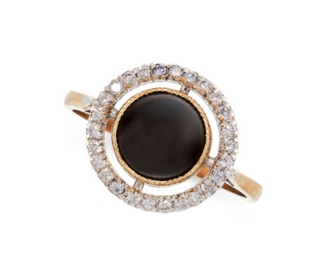 ONYX AND DIAMOND RING in yellow gold, comprising of a central polished onyx cabochon in a border of round cut diamonds, Briti