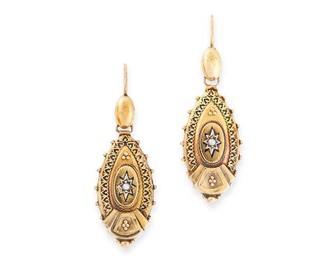 PAIR OF ANTIQUE PEARL AND ENAMEL EARRINGS in yellow gold, each formed of a pear shaped drop, set with a pearl in a star borde