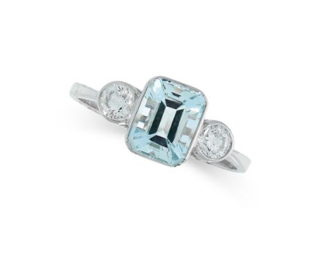 AQUAMARINE AND DIAMOND RING in platinum, set with an emerald cut aquamarine between two round cut diamonds, stamped PLAT, siz