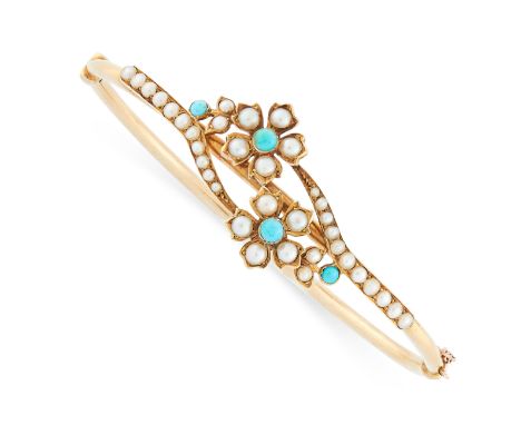 ANTIQUE TURQUOISE AND PEARL BANGLE, 19TH CENTURY in 15ct yellow gold, designed with foliate motifs, set with pearls and turqu