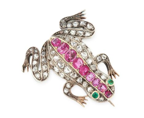 AN ANTIQUE RUBY, DIAMOND AND EMERALD FROG BROOCH in yellow gold and silver, set with cushion cut rubies, emeralds and rose cu