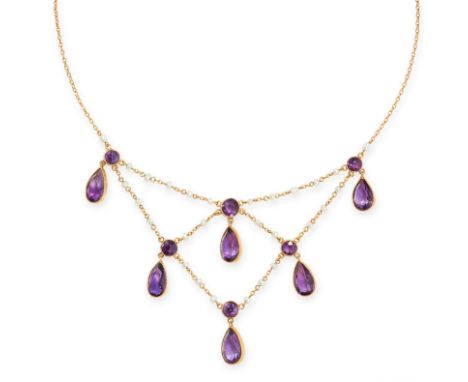 ANTIQUE AMETHYST AND SEED PEARL NECKLACE, CIRCA 1900 the front of festoon design, composed of collet-set circular-cut and pea