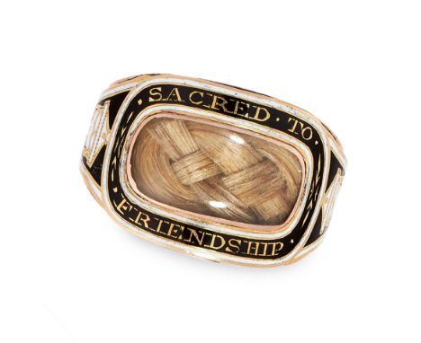 ANTIQUE HAIRWORK AND ENAMEL MOURNING LOCKET RING, 1803 in yellow gold, the band set with a cushion shaped glass covered locke