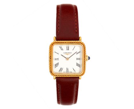 VINTAGE LADYS WRISTWATCH, LONGINES comprising of a white dial in twisted border, on brown leather strap, 20cm, 16.8g.