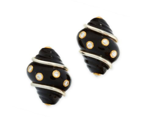 PAIR OF VINTAGE ONYX TURBO SHELL EARRINGS each designed as a shell formed from carved black onyx, jewelled with round cut whi