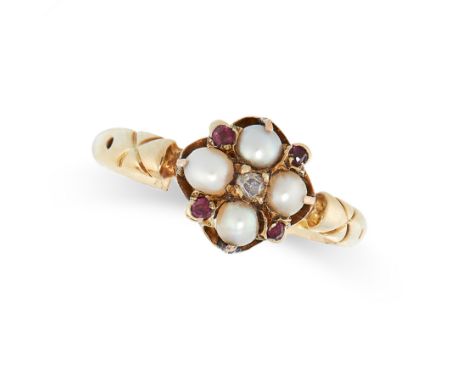 ANTIQUE PEARL, RUBY AND DIAMOND RING in yellow gold, set with a central rose cut diamond in a border of four half pearls, acc