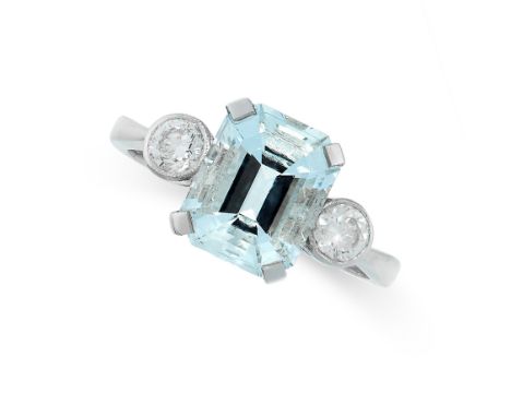 AQUAMARINE AND DIAMOND RING in platinum, set with an emerald cut aquamarine of 2.80 carats between two round cut diamonds, st