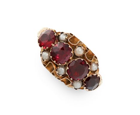 ANTIQUE GARNET AND PEARL RING in yellow gold, comprising of four round cut garnets accented by six pearls, British hallmarks 