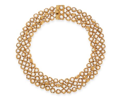 EXCEPTIONAL VINTAGE PEARL NECKLACE, CHARLES DE TEMPLE, CIRCA 1971 in 18ct yellow gold, comprising of three rows of pearl bead