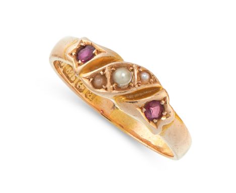 MIXED LOT OF TWO RINGS including an antique ruby and pearl ring, set with a row of pearls between two rubies and a cabochon r