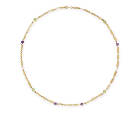 ANTIQUE SUFFRAGETTE PEARL, AMETHYST AND PERIDOT NECKLACE CIRCA 1900 in 18ct yellow gold, formed of textured gold links, pearl