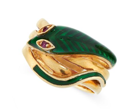 RUBY AND ENAMEL SNAKE RING, MAUBOUSSIN designed as a snake coiled around itself, set with green enamel and round cut ruby eye