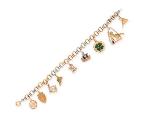 CHARM BRACELET in yellow gold, comprising of a fancy link chain suspending nine charms including a maple leaf, shield, harp, 