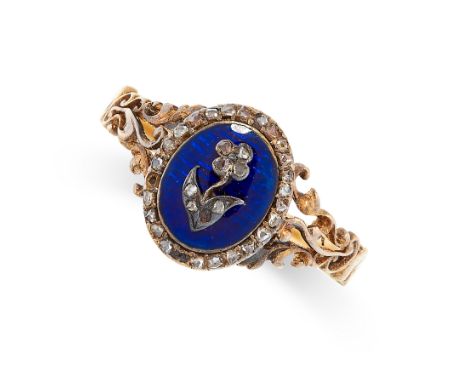 ANTIQUE ENAMEL AND DIAMOND MOURNING LOCKET RING in yellow gold, with a diamond set forget me not flower motif on a blue guill