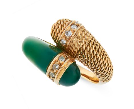 VINTAGE CHRYSOPRASE AND DIAMOND RING, MAUBOUSSIN in 18ct yellow gold, in toi et moi design, set with polished chrysoprase to 