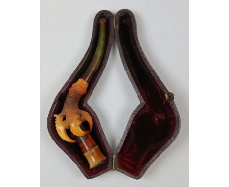 Antique 'Bird's Claw' design carved Meerschaum pipe/Cheroot holder in fitted case.