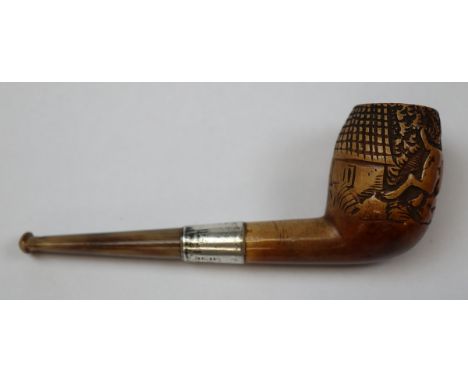 Hand carved '1802-Wolf and Cottage' design pipe with hallmarked silver collar 