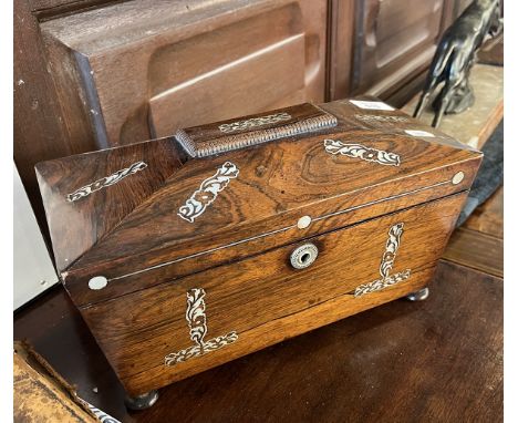 Antique rosewood tea caddy with mother of pearl inlay 