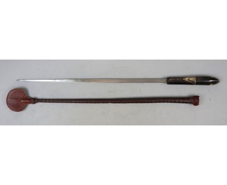 Riding crop swordstick, with plaited leather sheath (whip), concealed steel blade, and horn and bone inlaid handle