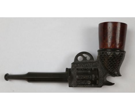 Late 19thC antique 'Gutta Percha' revolver design pipe with removable briar bowl.