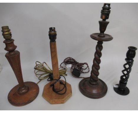 1920's Barley twist table lamp base, two Cotswold type oak lamp bases and a barley twist candlestick 