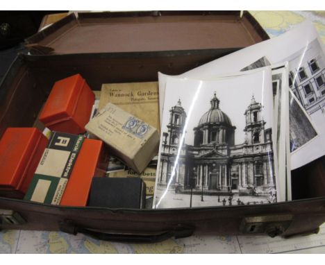 Collection of photographs and negatives from architectural buildings, a small suitcase containing a collection of various ear