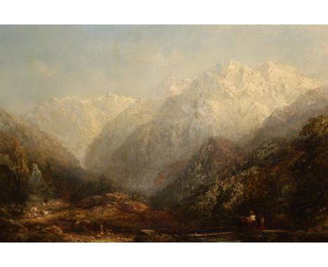 Frederick Henry Henshaw, oil on panel, Swiss mountain landscape with figures on a bridge to the foreground, unsigned, inscrib