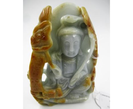 20th Century carved two colour celadon / rust jade figure of a seated immortal, 10cm high overall 