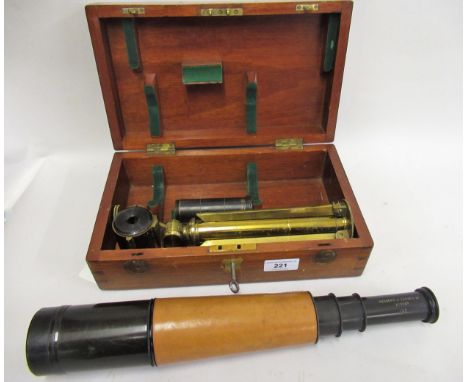 Negretti & Zambra Limited, four section black anodised and leather mounted telescope with gilt brass tripod and interchangeab